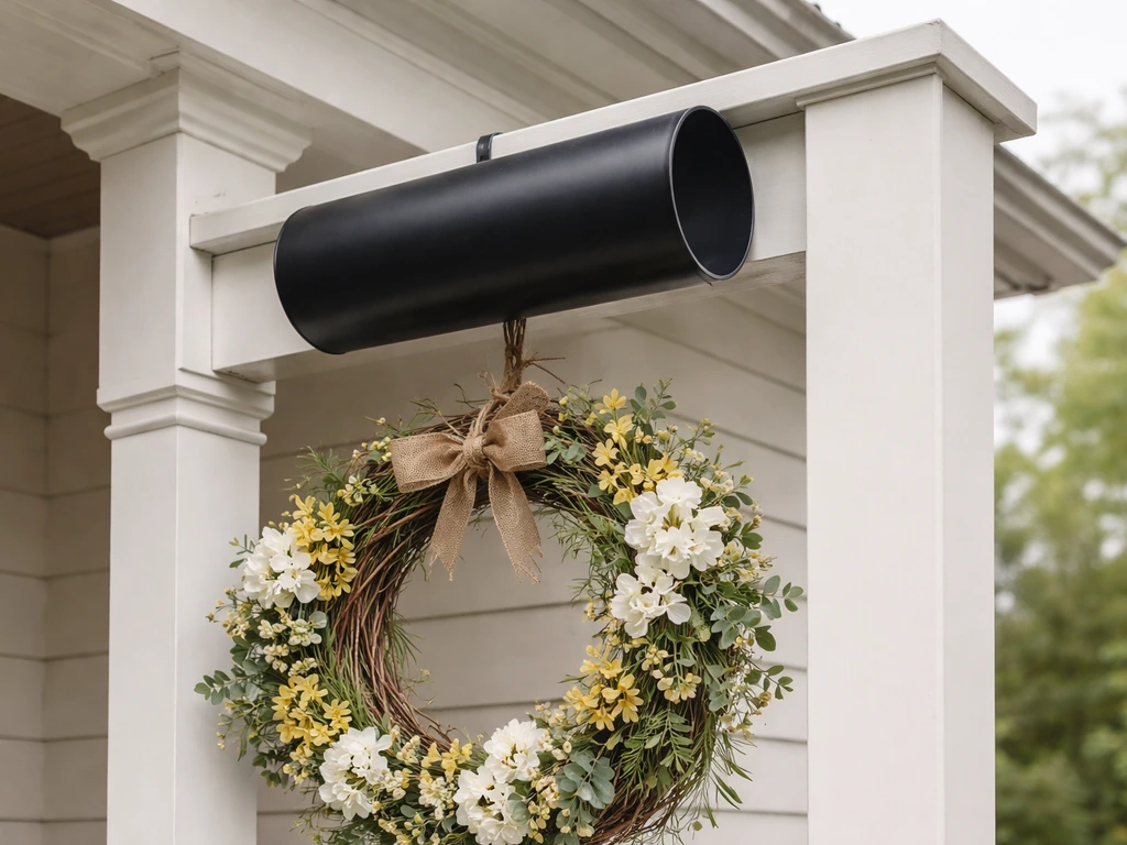 A squirrel baffle mounted above a wreath, positioned to block squirrels from climbing past