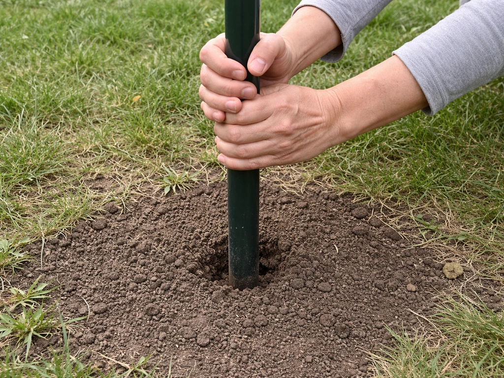 Hands gently rock a garden pole, showing wobble at the soil base in a simple outdoor setting.
