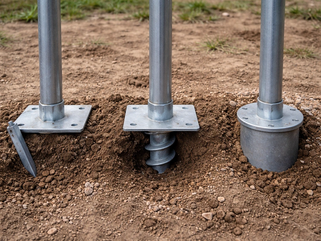 Side-by-side view of stakes, an auger ground socket, and a sleeve anchoring a ground-mounted pole base