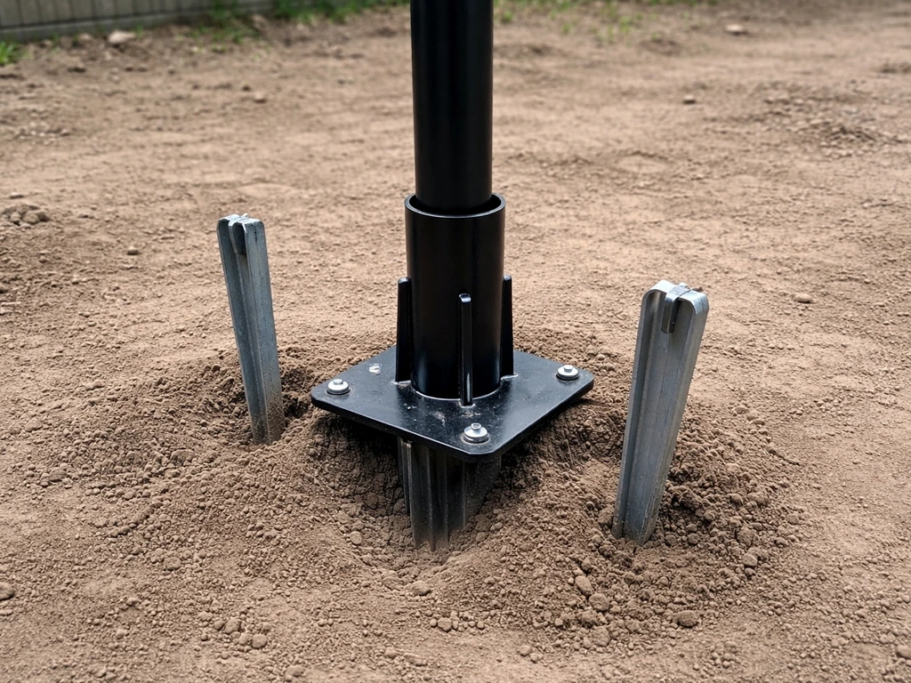 Steel ground stakes driven beside a spike pole on compact soil to reduce wobble.
