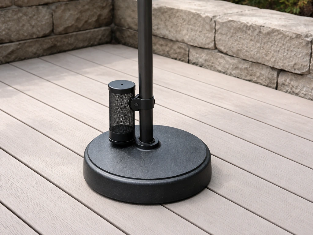Surface-mounted pole with a weighted deck base, feeder pole lowered for stability on a patio