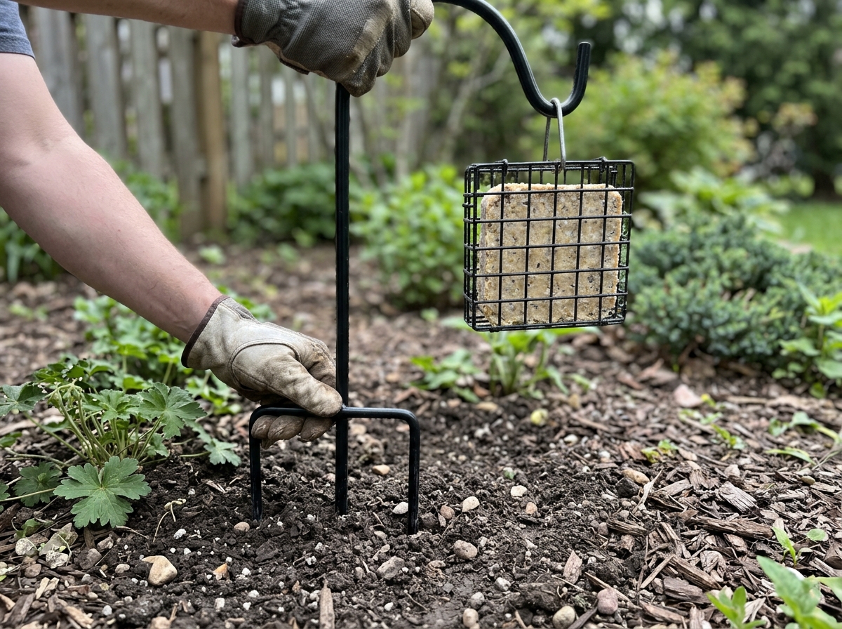 Adjusting a shepherd’s hook and securing a suet feeder at a stable height