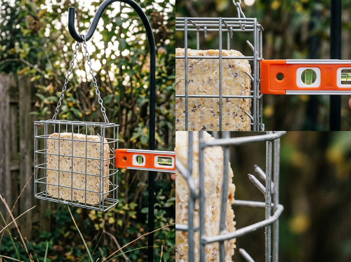 Checking suet feeder is level and bends safety wire inward