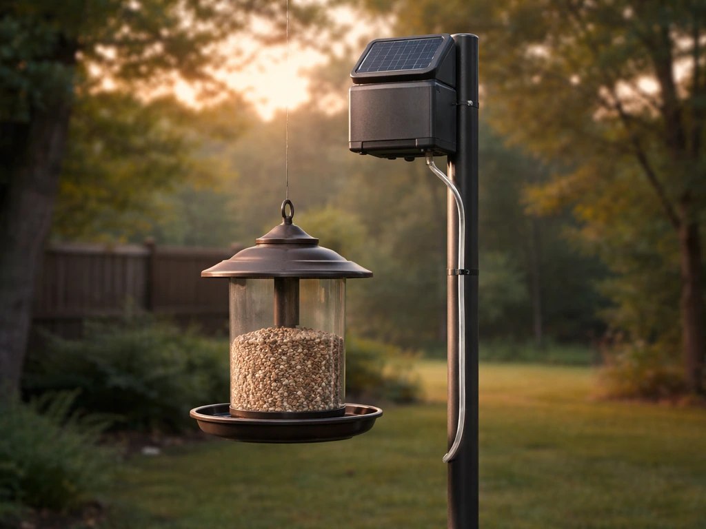 Outdoor bird feeder with a weatherproof solar low-voltage power unit and enclosed wiring along the pole.