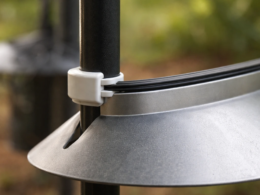 Close-up of an outdoor bird feeder pole showing a safe insulated deterrent track band with obscured unsafe wiring at fra