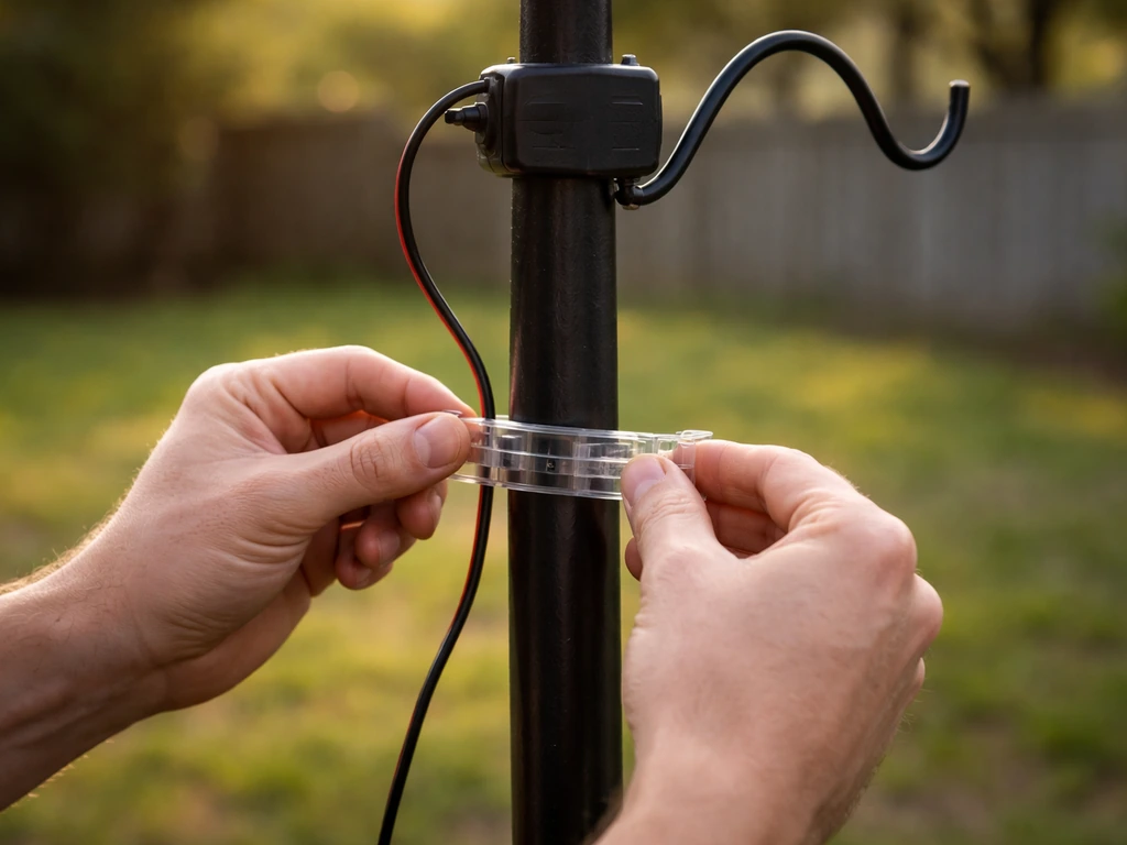 Hands securing a shock-track deterrent and energizer on a bird feeder pole outdoors.