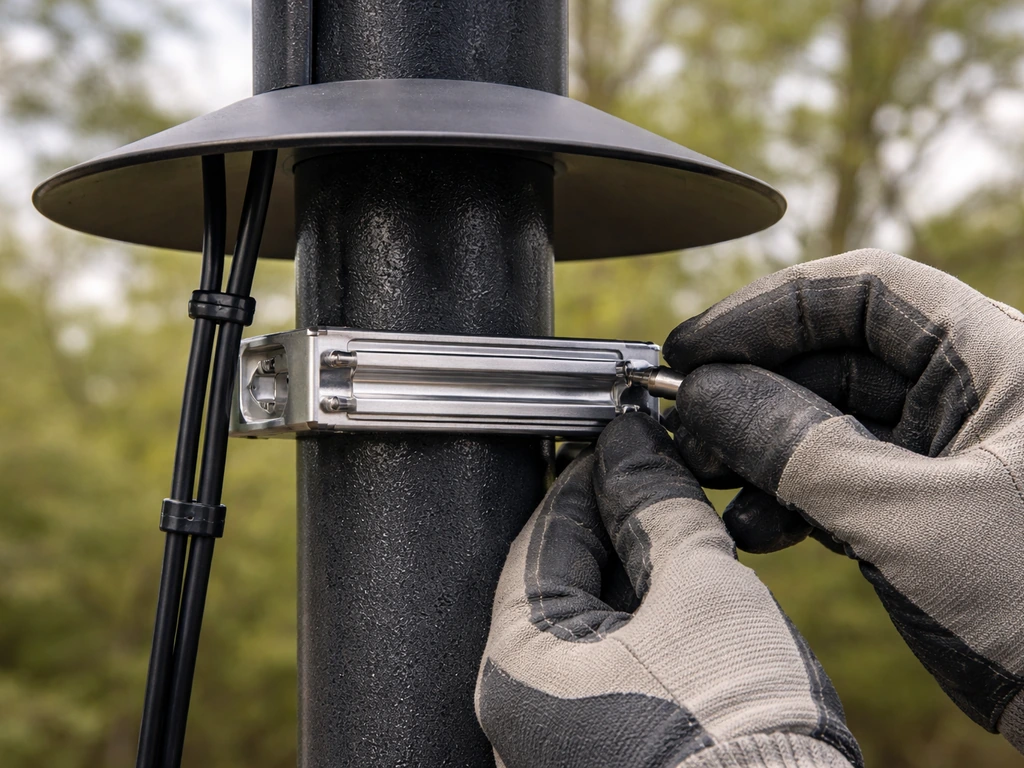 Close-up of a shock track deterrent mounted on a feeder pole with clean cable routing.