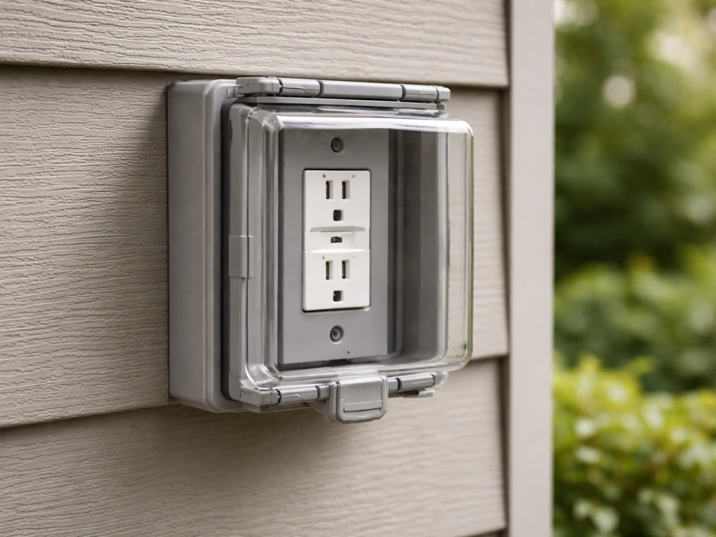 Weatherproof outdoor GFCI outlet with protective cover and insulated wiring near a bird-feeding area