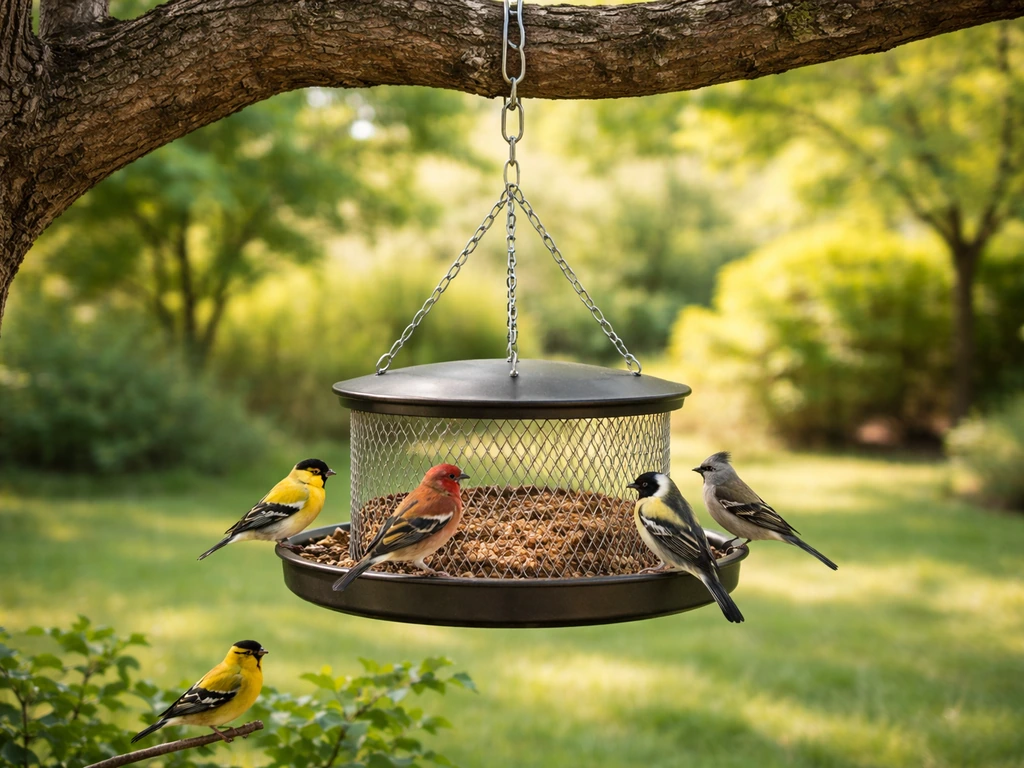 A hanging seed tray bird feeder suspended from a tree branch with small birds perched underneath.
