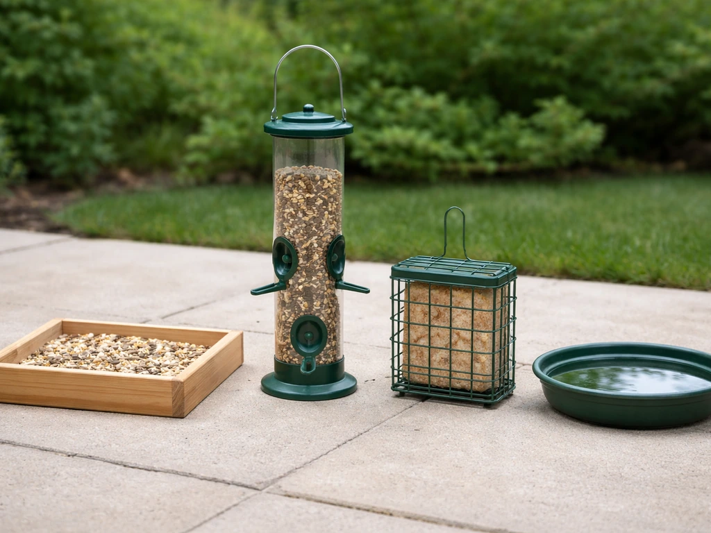 Four bird feeder styles laid side by side: tray, tube, suet holder, and shallow water tray.