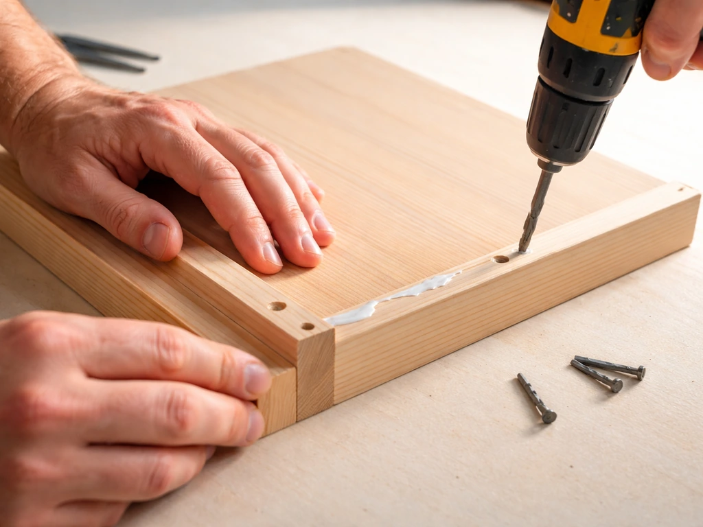 Close-up of hands assembling a square wooden base for a hanging seed tray feeder with glue and screws