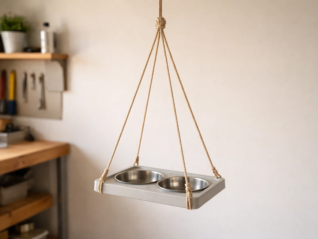 Close-up of a tray feeder suspended by taut 6mm braided rope tied at its corners.
