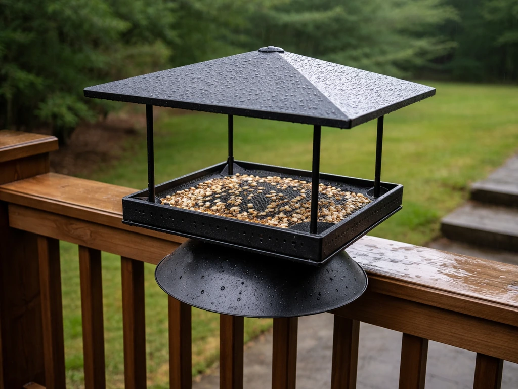 Platform bird feeder on a wet deck with visible drainage holes, positioned away from cover.