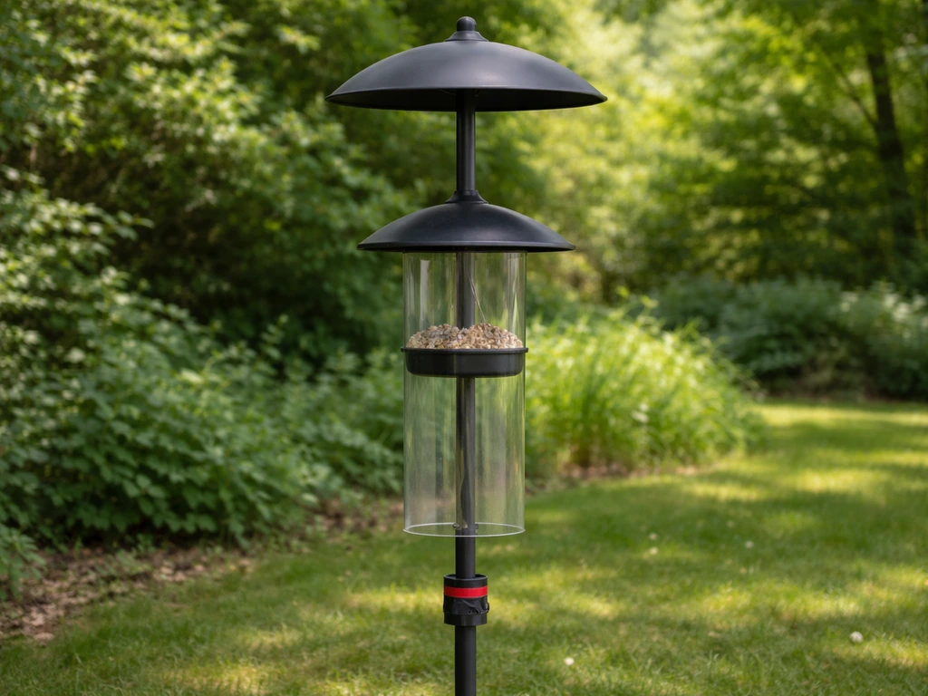 Bird feeder pole with mounted baffle, squirrel guard, weather cover, and anti-ants barrier in a backyard