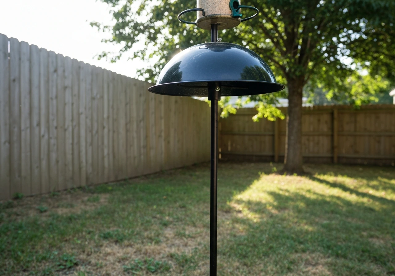 Dome squirrel baffle mounted on a feeder pole, with the clearance from the ground clearly visible.