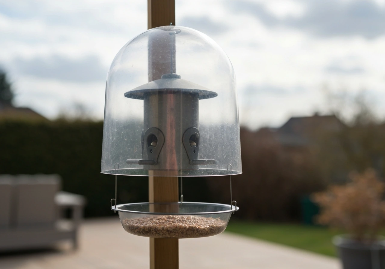 Outdoor bird feeder with a small dome weather guard and a hanging seed catcher tray beneath.
