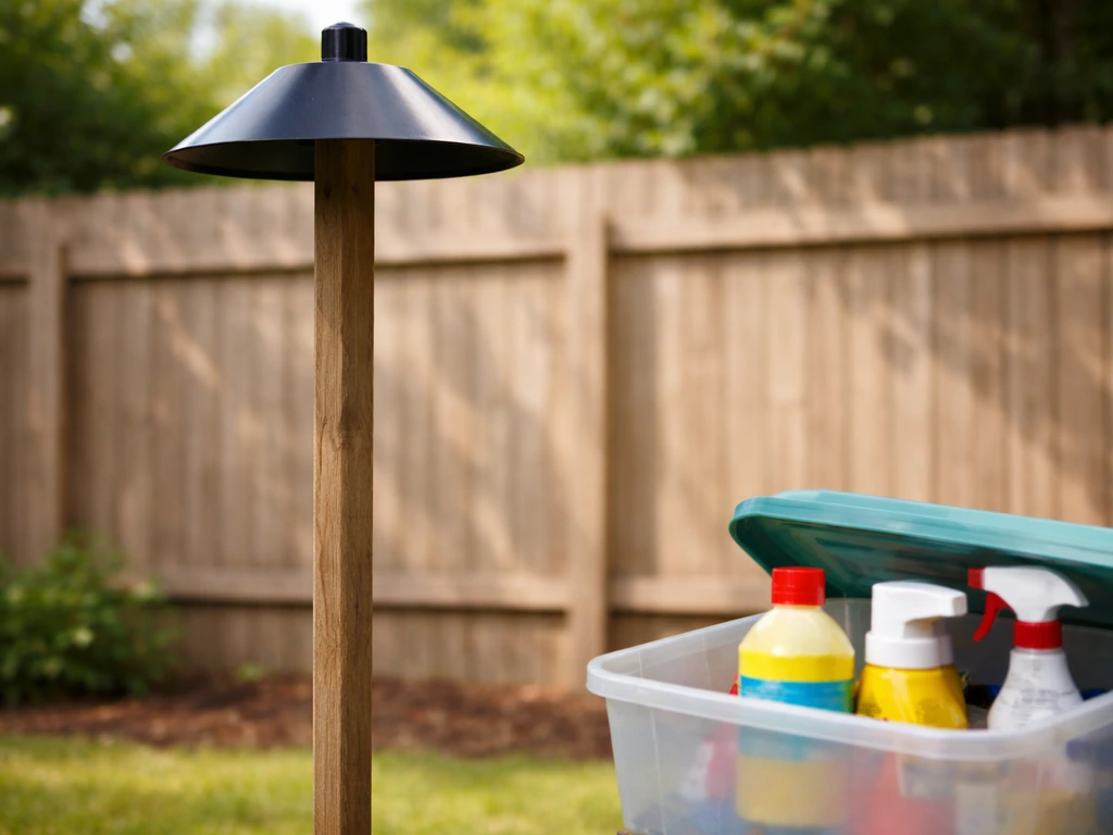 Powder-coated metal baffle on a pole with separate hazardous household items kept out of reach in the background