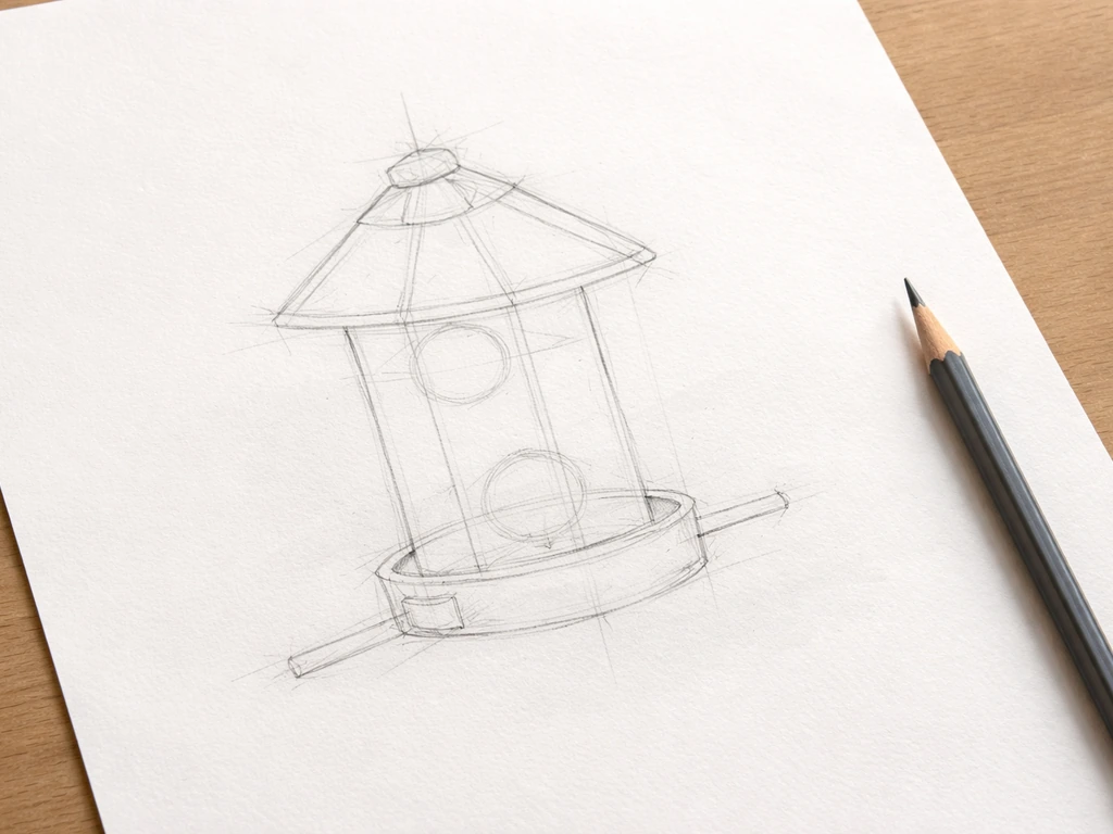 Close-up of a pencil sketch on paper showing light construction shapes laid over a simple bird feeder outline.