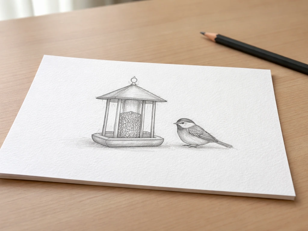 A simple pencil drawing of a feeder with a small bird perched beside it, emphasizing relative size.