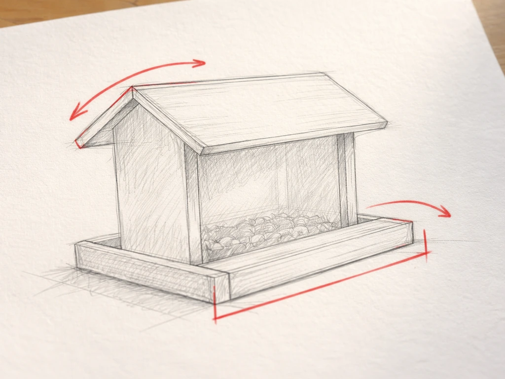 Minimal sketch of a hopper feeder with arrows and simple overlays showing roof too tall and platform too narrow.