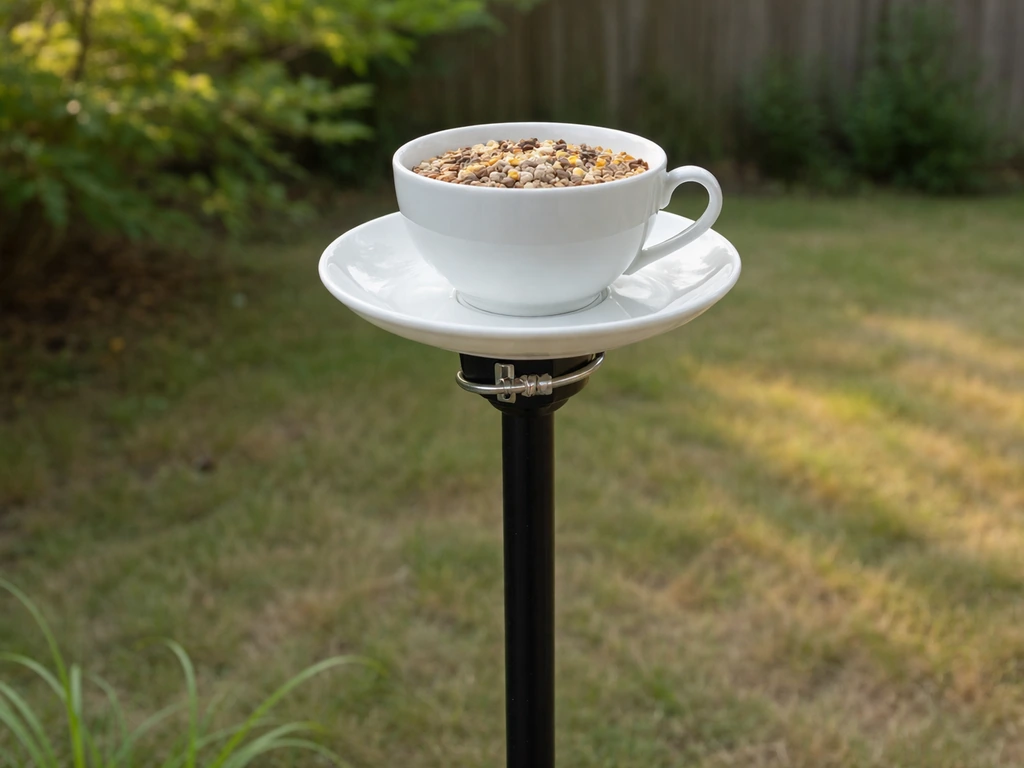 Finished teacup bird feeder securely mounted on a pole with seed-filled cup and saucer in a backyard.