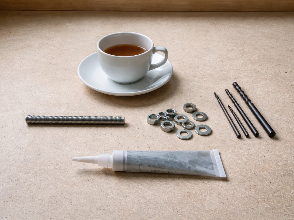 Teacup and saucer with drill bits, threaded rod, nuts, and sealant laid out neatly on a workbench