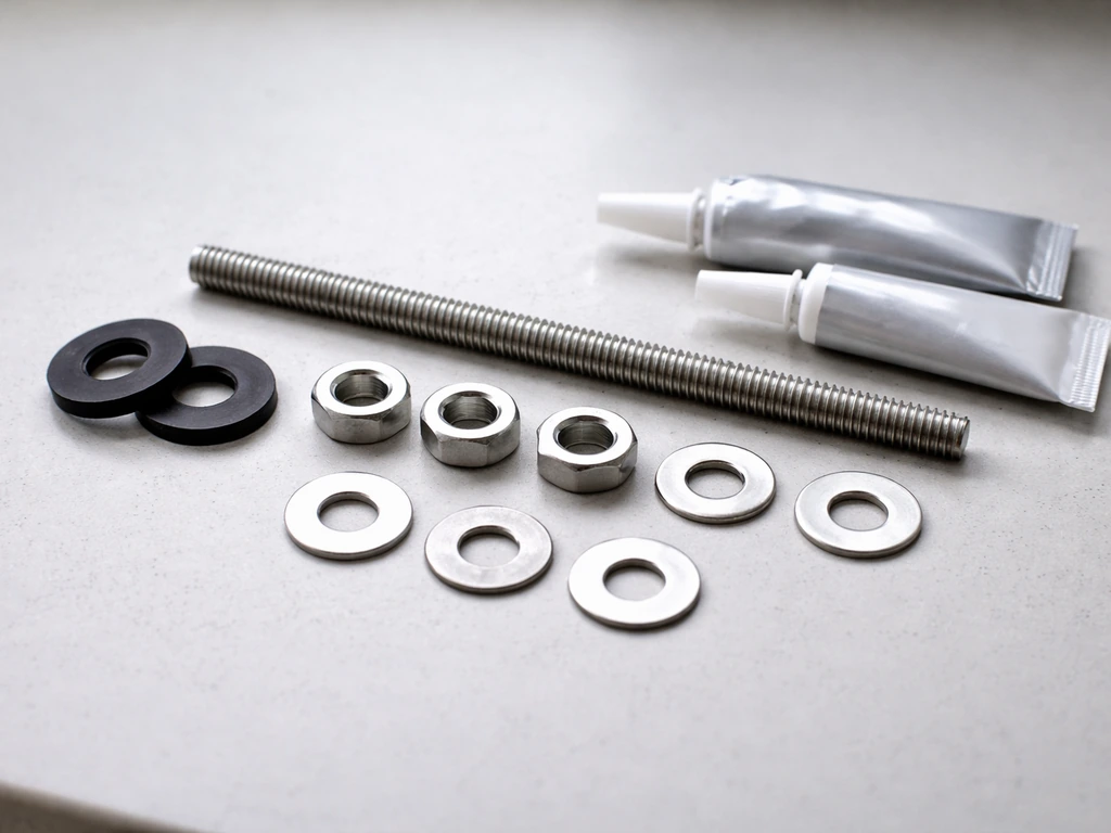 Close-up of stainless hardware and adhesive materials neatly arranged for assembly.