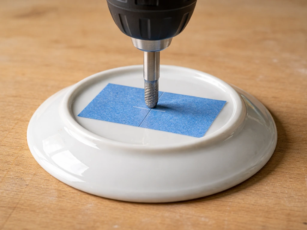 Close-up of a ceramic saucer with painter’s tape centered as a drill bit gently touches the marked area.