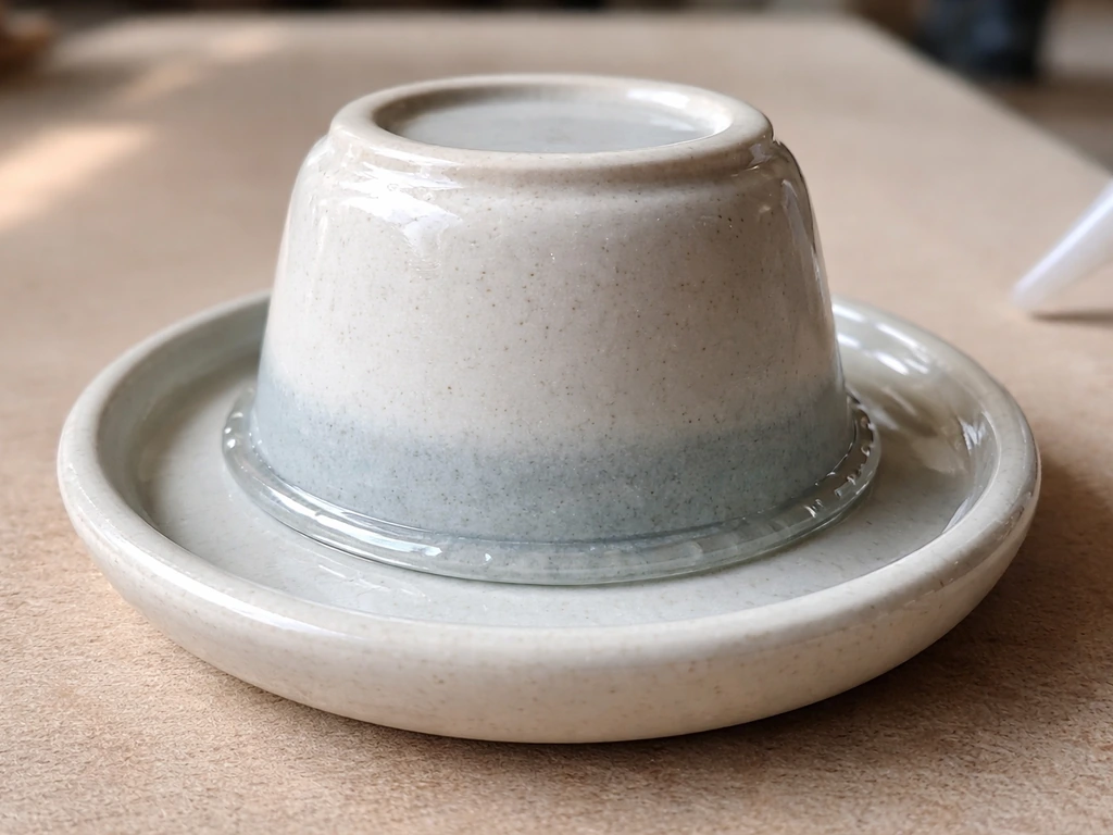 Close-up of clear silicone bead sealing the joint between a cup base and its saucer.