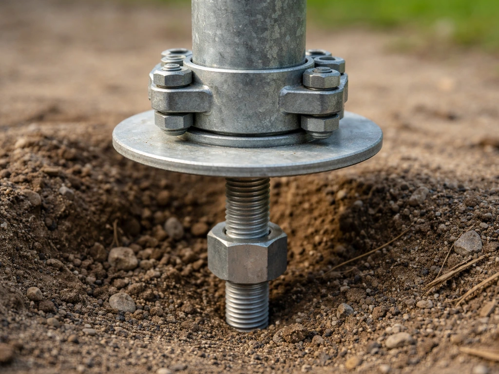 Close-up of a pole clamp with a threaded rod extending below the saucer into the connection.