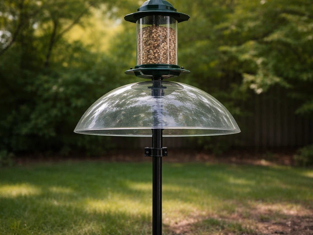 Backyard bird feeder with a dome baffle below it and the mount stabilized to stop wobble.