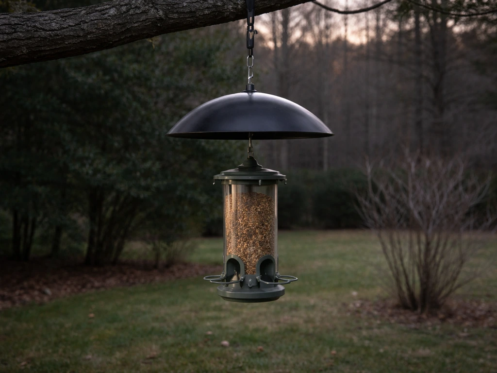Bear-proof bird feeder hanging high with a secure baffle and weight-activated access hardware visible.