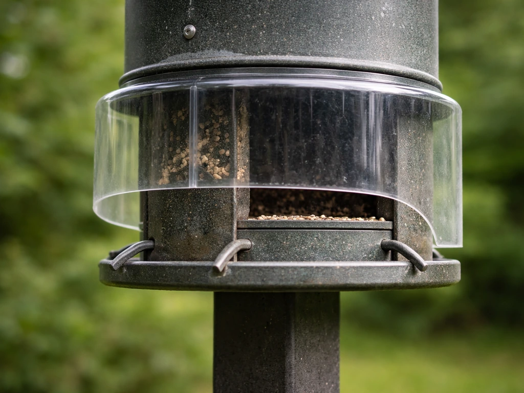 Close-up of a bear-resistant bird feeder with a weight-activated shroud covering seed ports