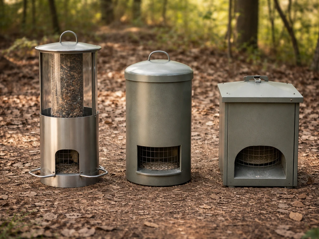 Three bear-resistant feeder devices shown side-by-side outdoors, highlighting weight-activated closure mechanism.