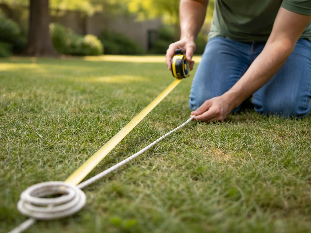 Person measuring a 10+ ft distance in a yard for bird feeder placement using tape and rope