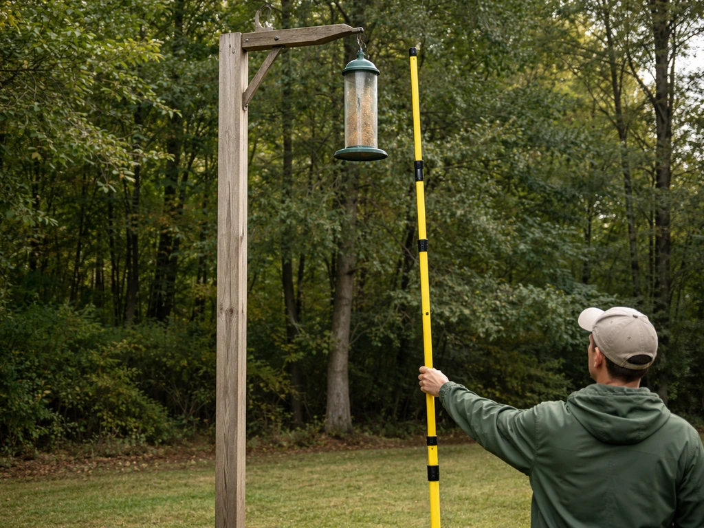 Ground-level view of a hanging feeder installed 10+ feet high with a measuring pole for scale.