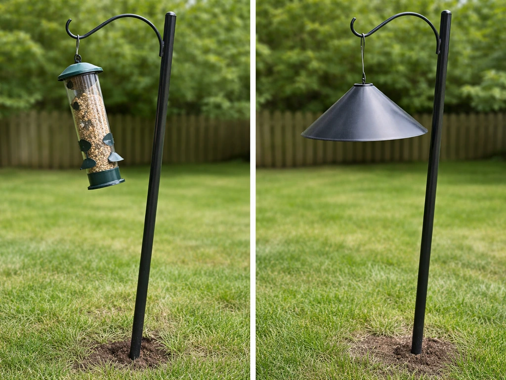 Tilted bird feeder on a pole with a properly placed cone baffle nearby