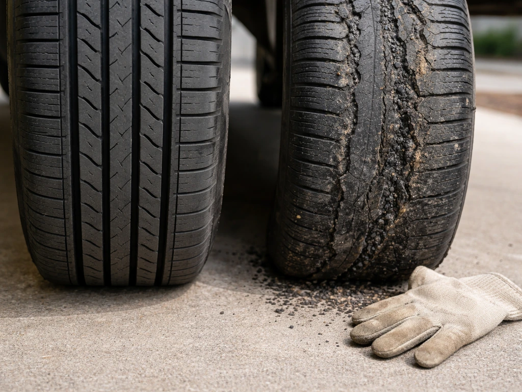 Close-up comparison of a clean passenger car tire and a damaged tire fragment, safety-focused.