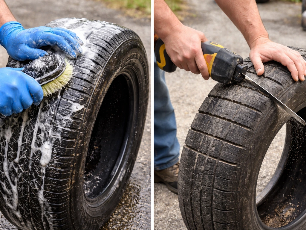 Gloved hands washing a tire with soap, then a saw cutting along marked window lines on another tire side
