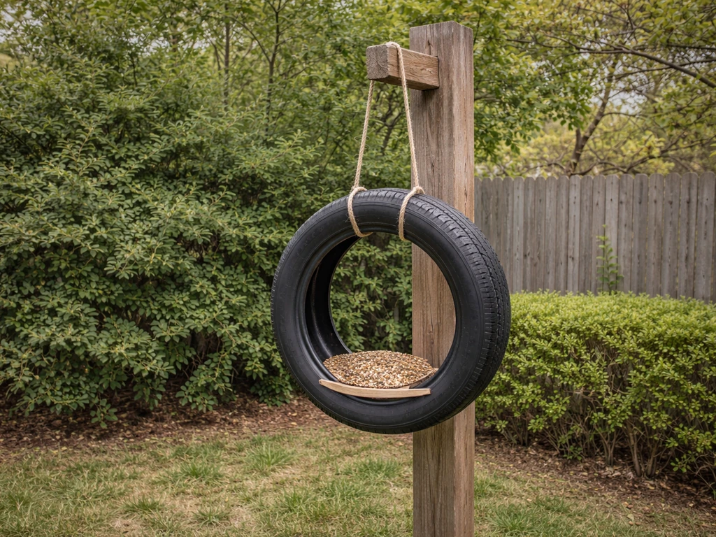 Mounted tire bird feeder on a backyard post with nearby shrubs and hedge for safe placement context.