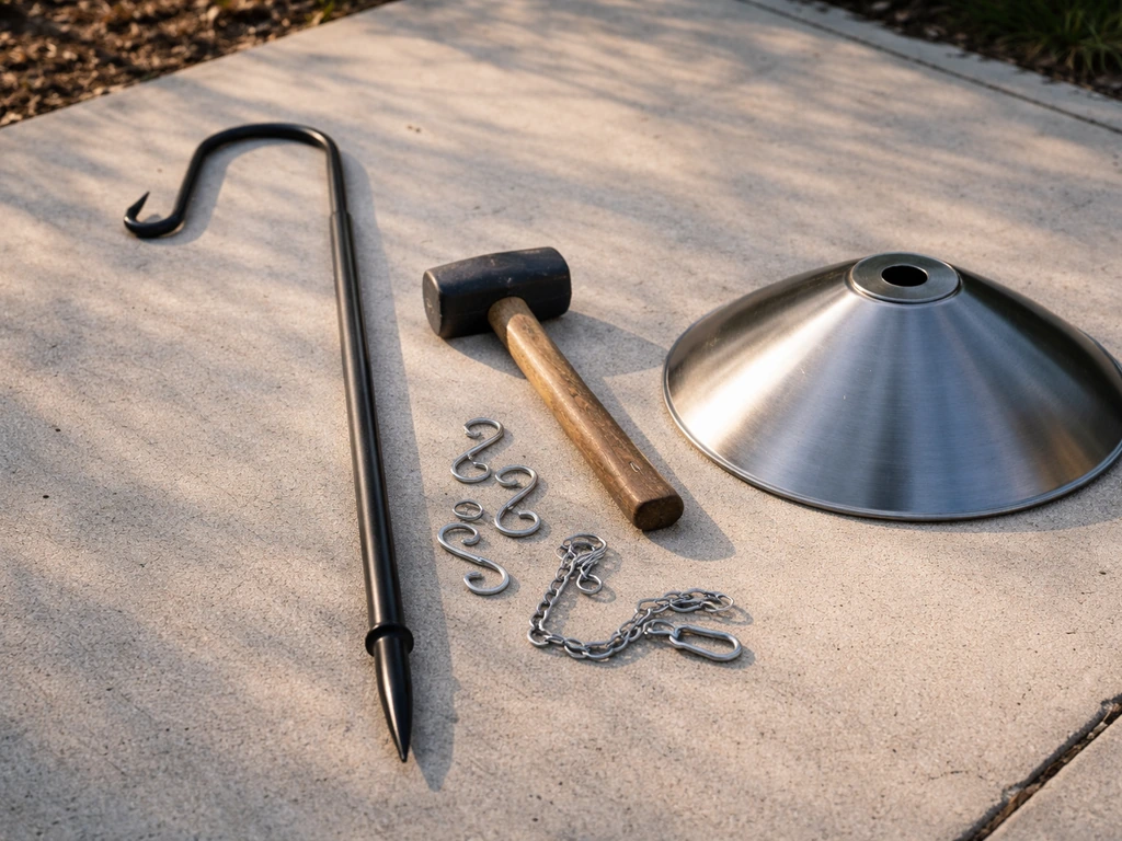 Tools for a standard outdoor feeder install laid out on a patio—crook pole bracket, mallet, and hooks.