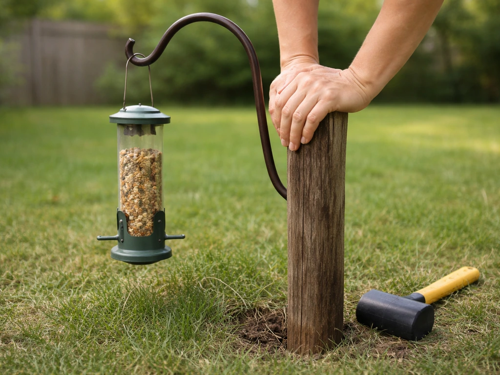 Close-up of a shepherd’s crook pole being grounded with a rubber mallet, with a bird feeder hung on top.