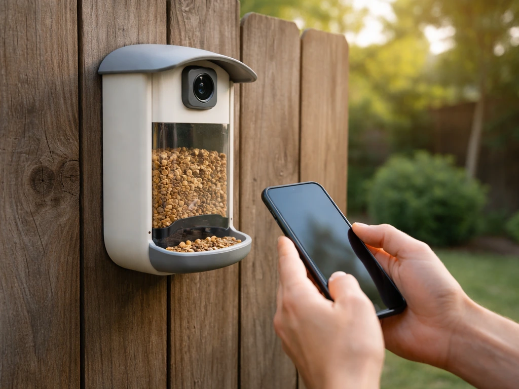 Smart bird feeder mounted outside with its camera module visible and a phone in hand activating it.