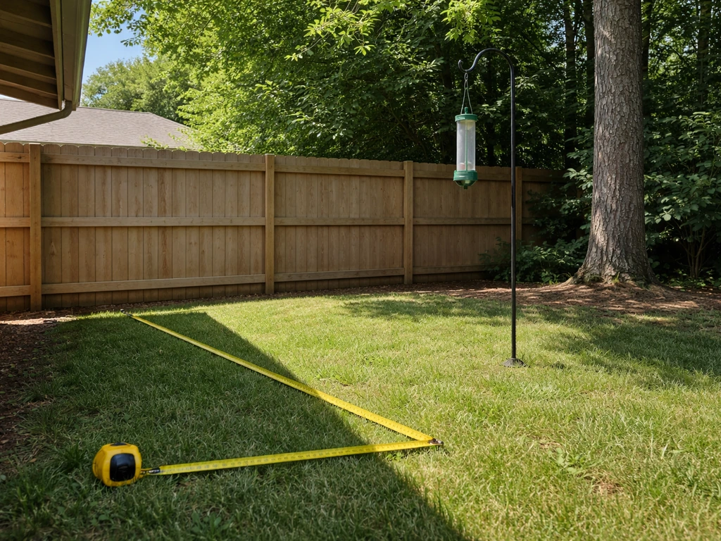 Measuring tape on the ground showing a bird feeder kept about 10–12 feet from a fence and tree edge.