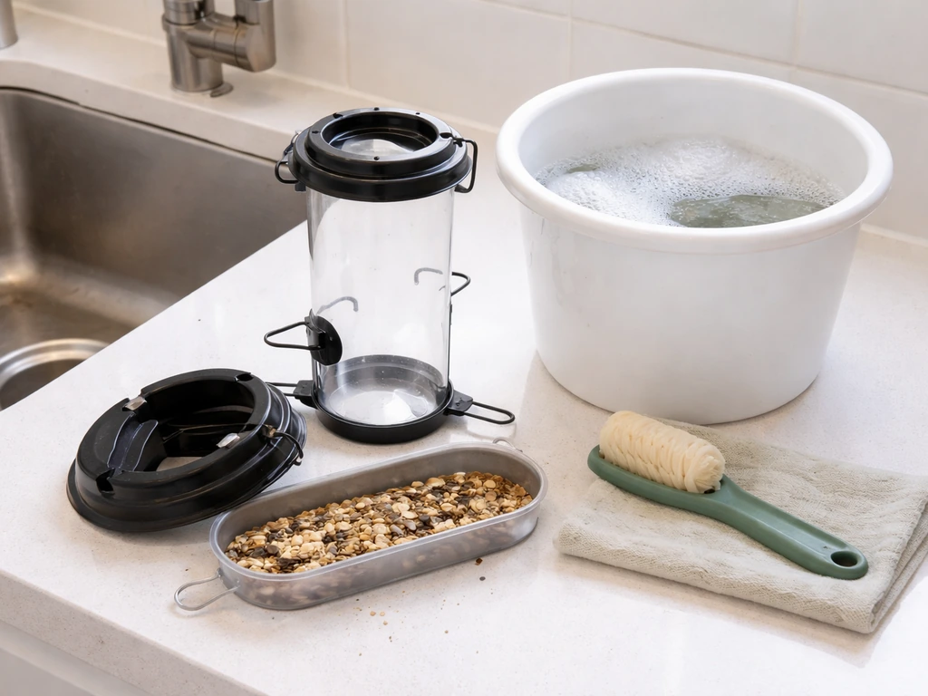Bird feeder parts disassembled by a sink with a bucket of soapy water and cleaning tools nearby.
