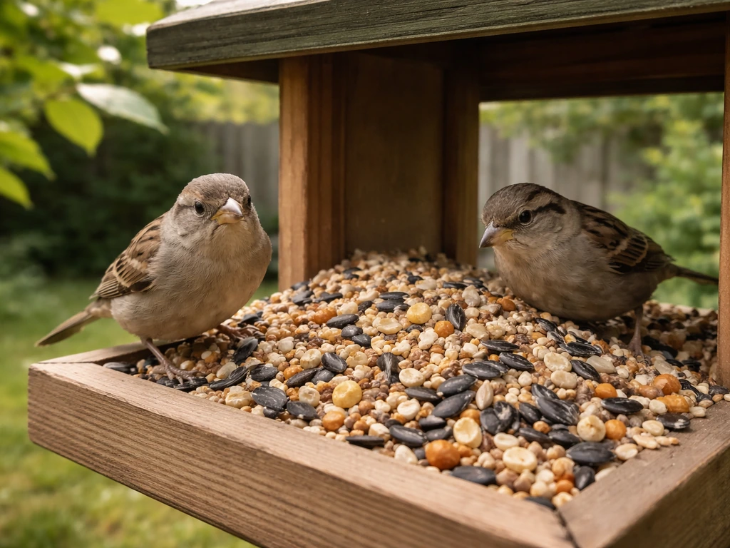 Close-up of a seed-filled backyard bird feeder with small songbirds approaching in natural light.