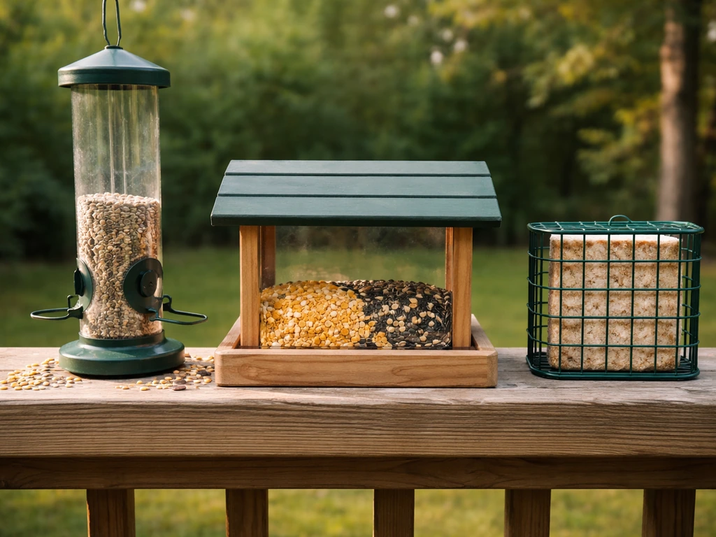 Three bird feeder types on a railing, each with suitable seed or suet, no birds visible.