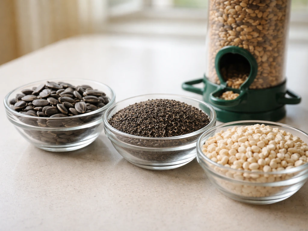 Black-oil sunflower, nyjer/thistle, and safflower seeds close-up beside a tube feeder opening.