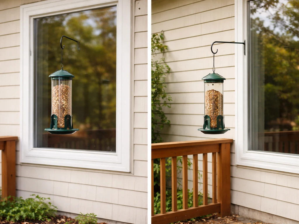 Two bird feeders by a window showing safe close placement vs risky mid-distance from the glass.