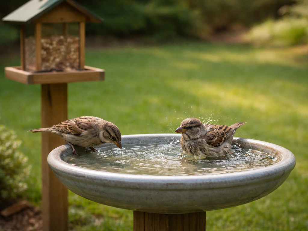 Small birdbath near a backyard feeder as sparrows drink and bathe in shallow water